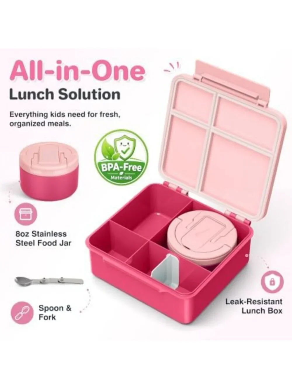 Leakproof Bento Lunch Box for Kids - 4 Compartment Insulated Food Container
